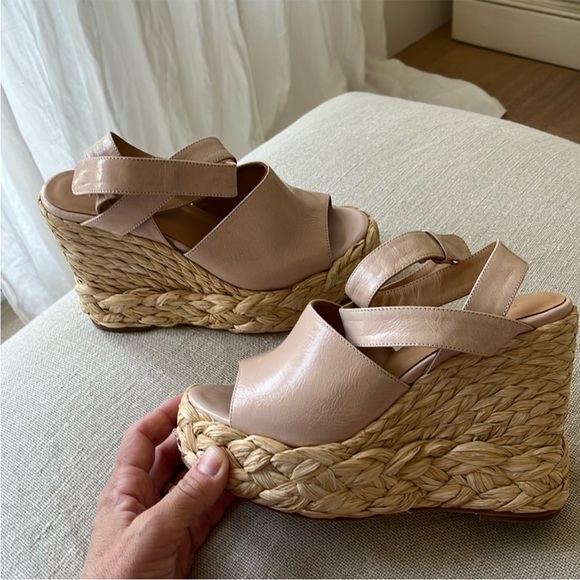 Anthropologie NWT Paloma Barcelo Nude leather Wedge Rafia Espadrille super Chic - Picture 11 of 16